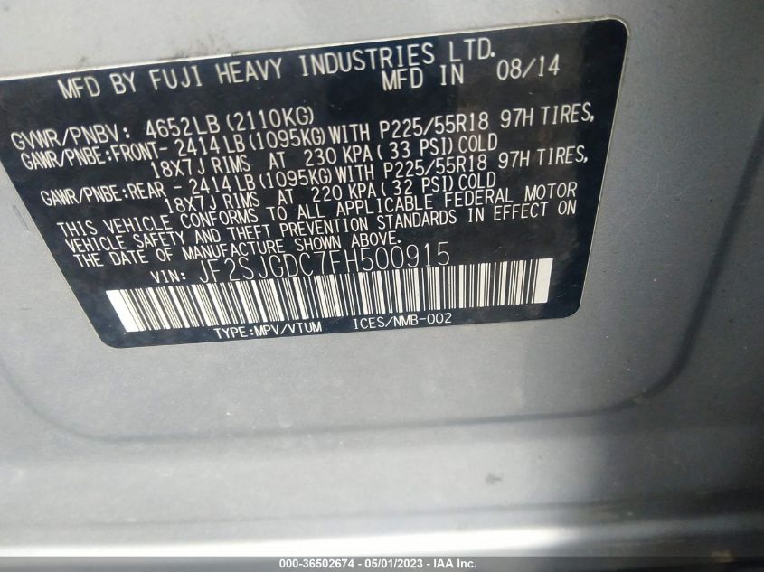 2015 SUBARU FORESTER 2.0XT PREMIUM - JF2SJGDC7FH500915