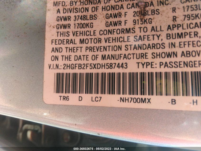 2013 HONDA CIVIC SDN LX - 2HGFB2F5XDH587443