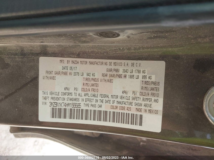 VIN 3MZBN1K74HM155585 2017 MAZDA MAZDA3 5-DOOR SPORT