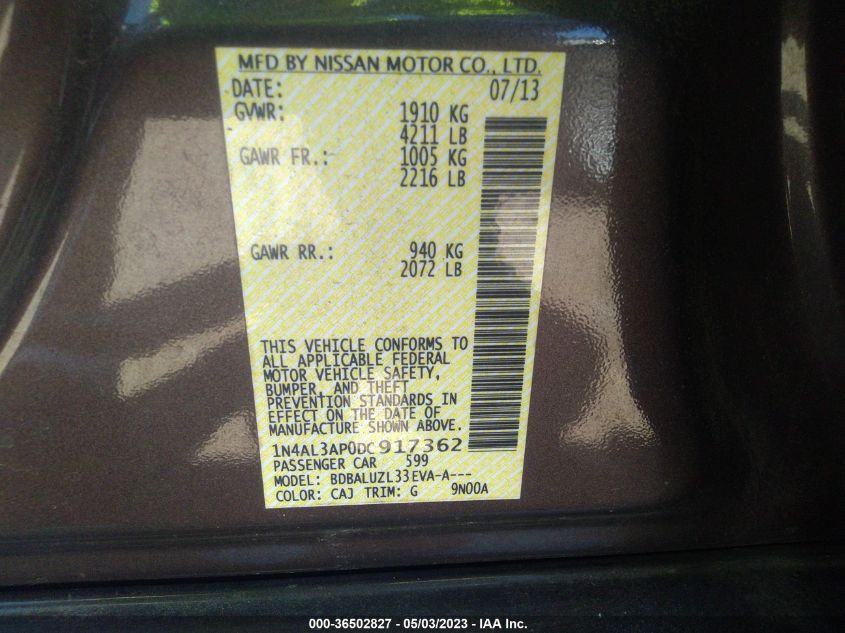 2013 NISSAN ALTIMA 2.5 SV - 1N4AL3AP0DC917362