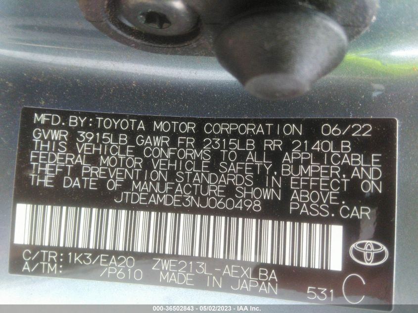 2022 TOYOTA COROLLA HYBRID LE - JTDEAMDE3NJ060498