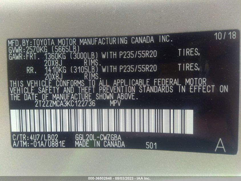 2019 LEXUS RX RX 350 - 2T2ZZMCA3KC122736