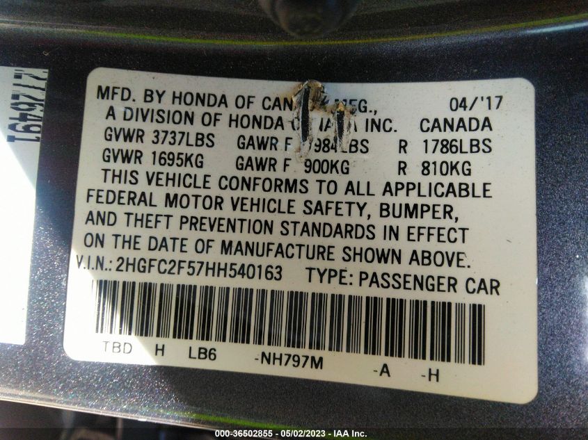 2017 HONDA CIVIC SEDAN LX - 2HGFC2F57HH540163