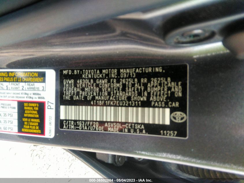 2014 TOYOTA CAMRY L/LE/XLE/SE/SE SPORT - 4T1BF1FK7EU321311