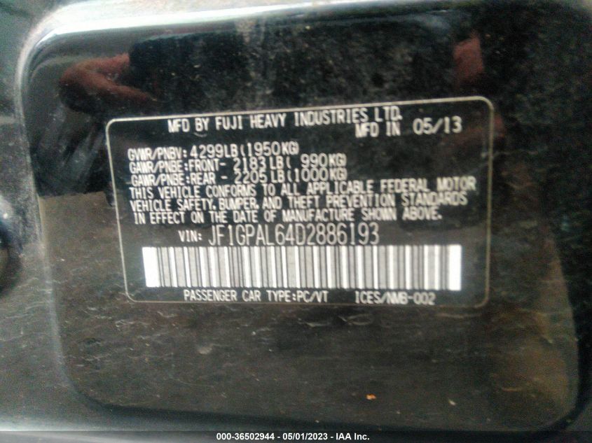 2013 SUBARU IMPREZA WAGON 2.0I SPORT PREMIUM - JF1GPAL64D2886193