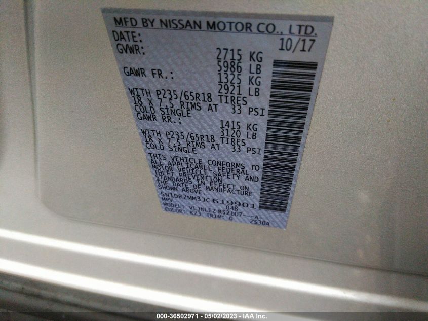 2018 NISSAN PATHFINDER SV - 5N1DR2MM3JC619901