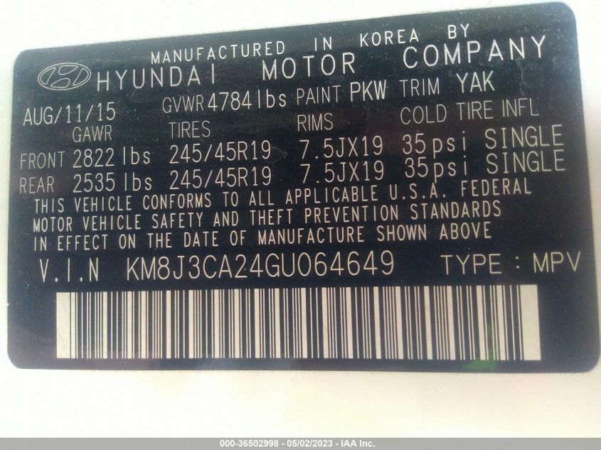 2016 HYUNDAI TUCSON LIMITED - KM8J3CA24GU064649