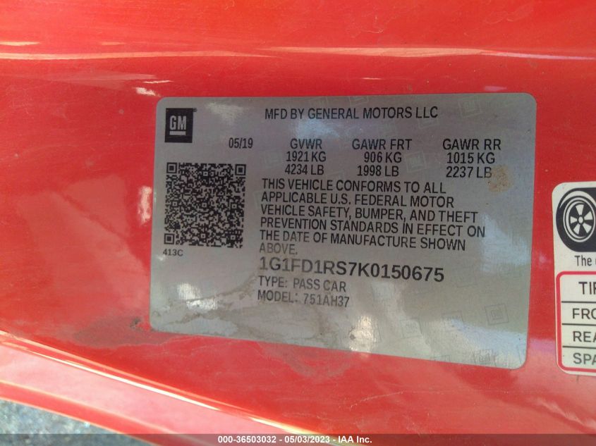 2019 CHEVROLET CAMARO 2LT - 1G1FD1RS7K0150675