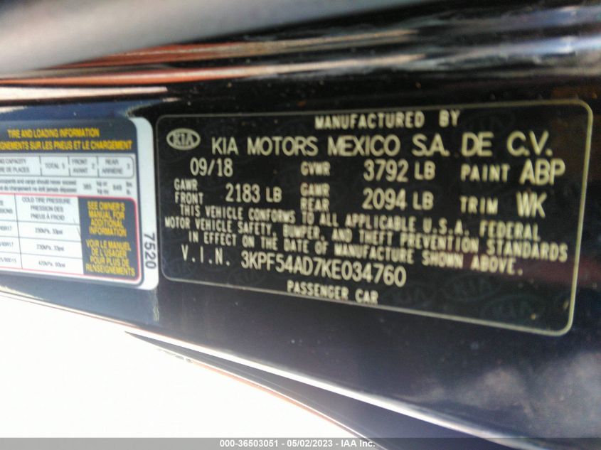 2019 KIA FORTE EX - 3KPF54AD7KE034760
