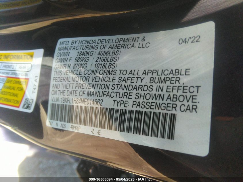 2022 HONDA CIVIC HATCHBACK SPORT TOURING - 19XFL1H84NE014662