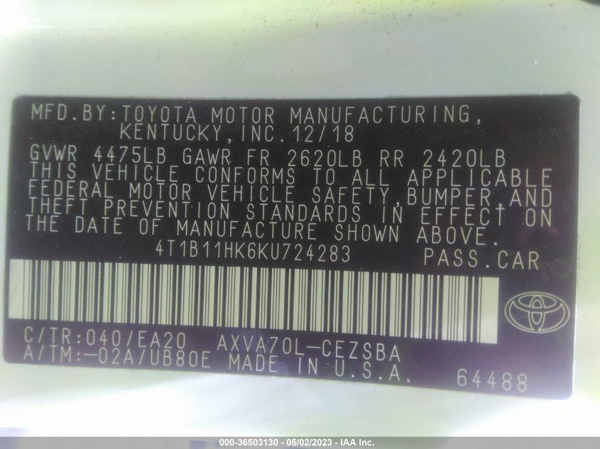 2019 TOYOTA CAMRY LE/SE/XLE/L - 4T1B11HK6KU724283