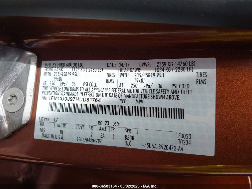 2017 FORD ESCAPE TITANIUM - 1FMCU0J97HUD81764