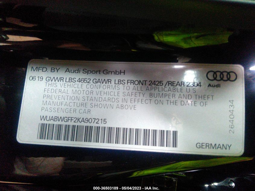 2019 AUDI RS 3 - WUABWGFF2KA907215