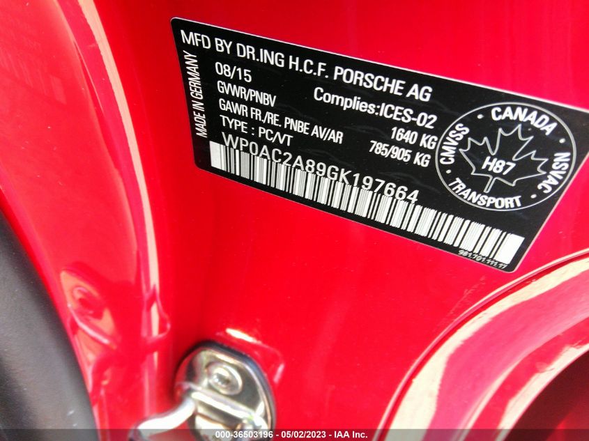 2016 PORSCHE CAYMAN GT4 WP0AC2A89GK197664