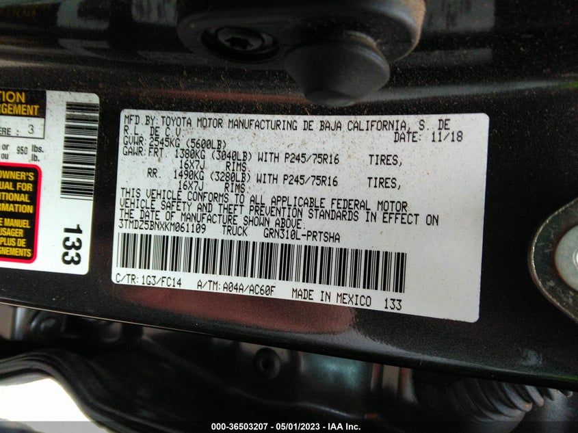 VIN 3TMDZ5BNXKM061109 2019 TOYOTA TACOMA 4WD SR5/TRD SPORT