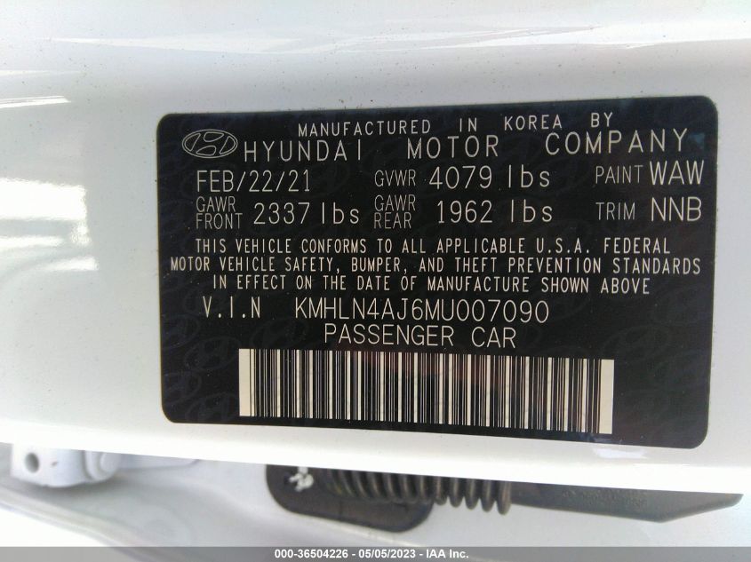 2021 HYUNDAI ELANTRA HYBRID LIMITED KMHLN4AJ6MU007090