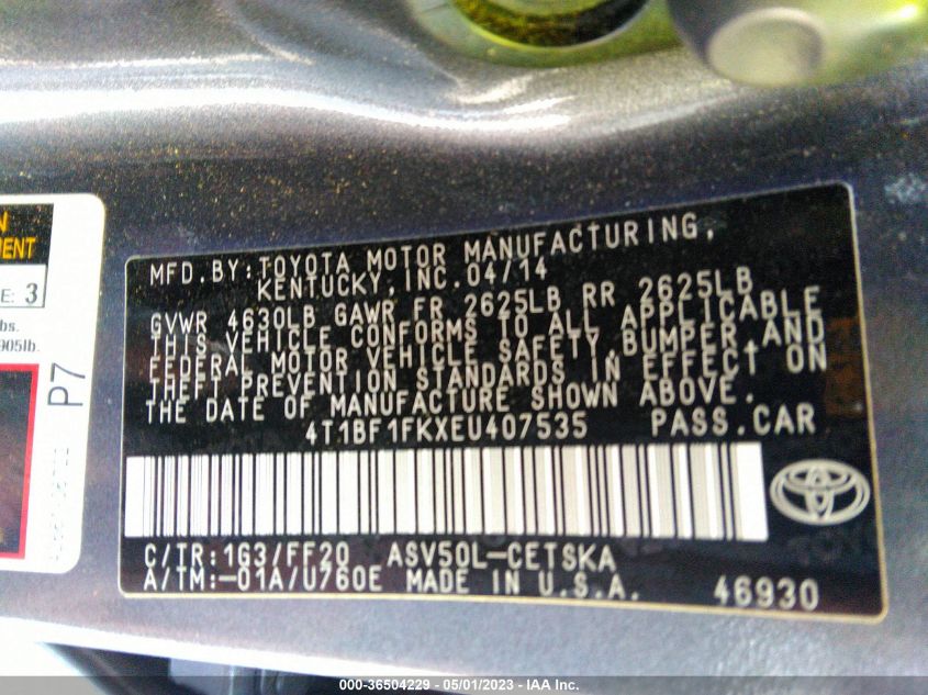 2014 TOYOTA CAMRY L/LE/XLE/SE/SE SPORT - 4T1BF1FKXEU407535