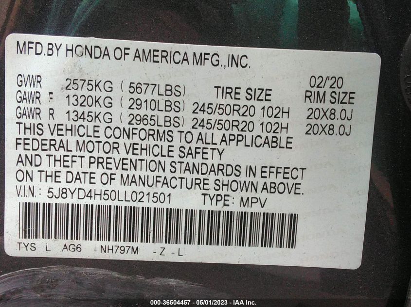 2020 ACURA MDX W/TECHNOLOGY PKG - 5J8YD4H50LL021501