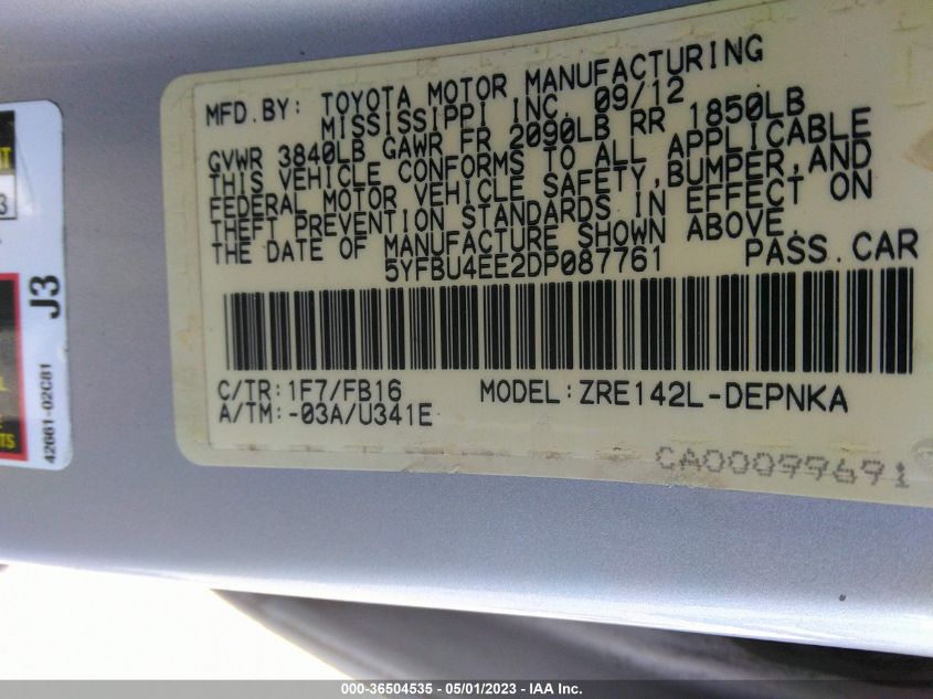 2013 TOYOTA COROLLA L/LE/S - 5YFBU4EE2DP087761