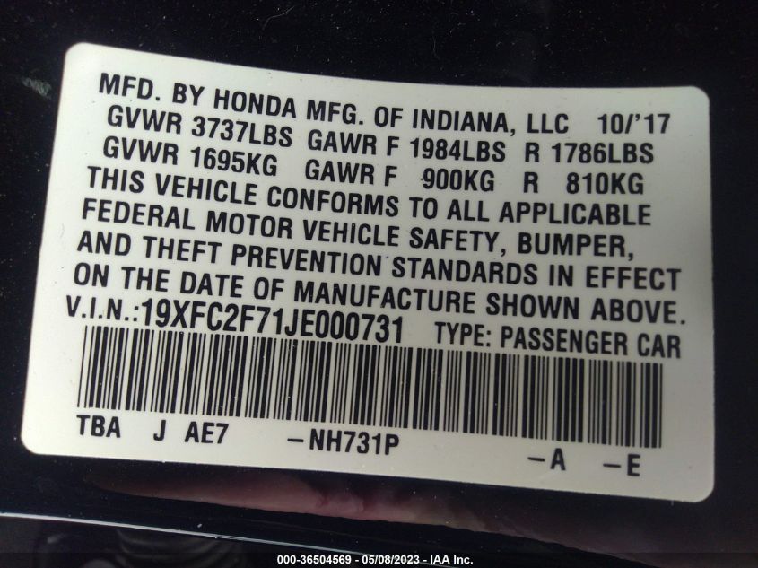2018 HONDA CIVIC SEDAN EX - 19XFC2F71JE000731