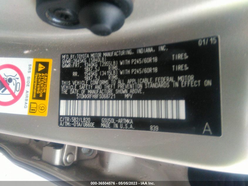 2015 TOYOTA HIGHLANDER XLE - 5TDKKRFH8FS068721