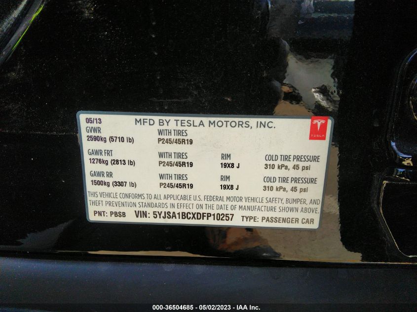 2013 TESLA MODEL S - 5YJSA1BCXDFP10257