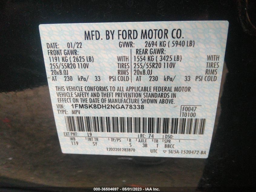 2022 FORD EXPLORER XLT - 1FMSK8DH2NGA78338