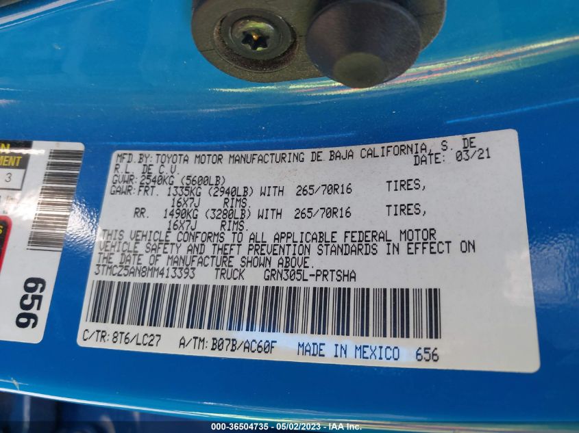 2021 TOYOTA TACOMA 4WD SR/SR5/TRD SPORT - 3TMCZ5AN8MM413393