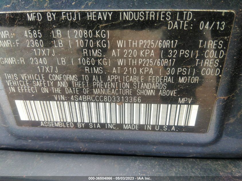 2013 SUBARU OUTBACK 2.5I PREMIUM - 4S4BRCCC8D3313366