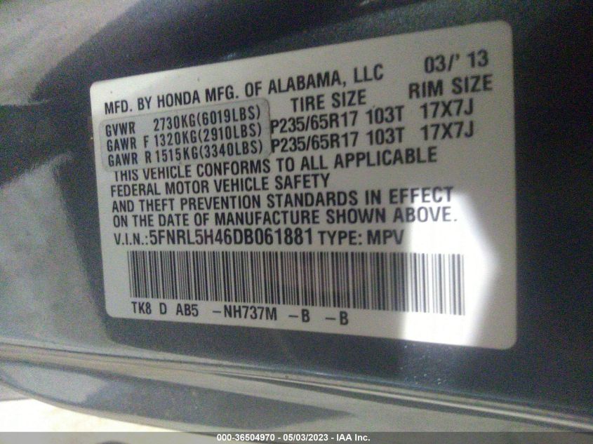 2013 HONDA ODYSSEY EX - 5FNRL5H46DB061881