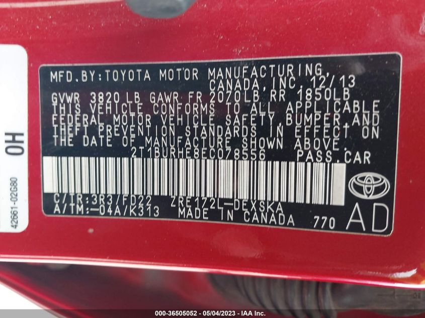2014 TOYOTA COROLLA L/LE/S/S PLUS/LE PLUS - 2T1BURHE8EC078556