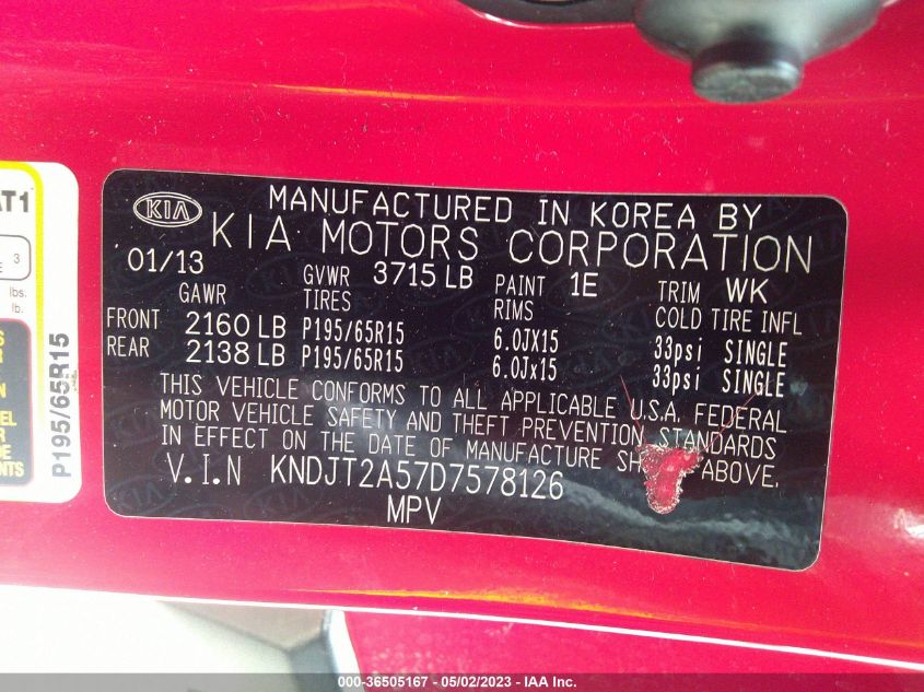 2013 KIA SOUL BASE - KNDJT2A57D7578126