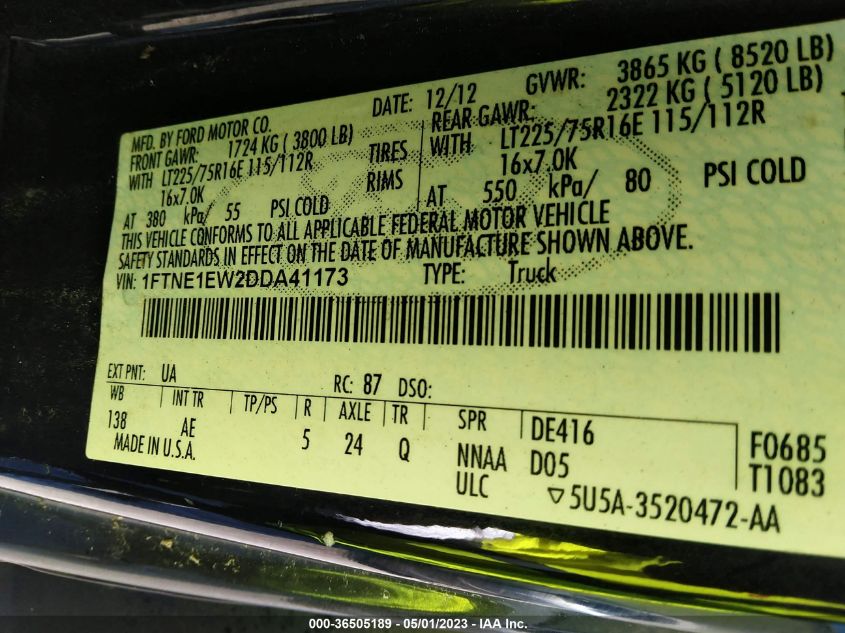 2013 FORD ECONOLINE CARGO VAN COMMERCIAL/RECREATIONAL 1FTNE1EW2DDA41173