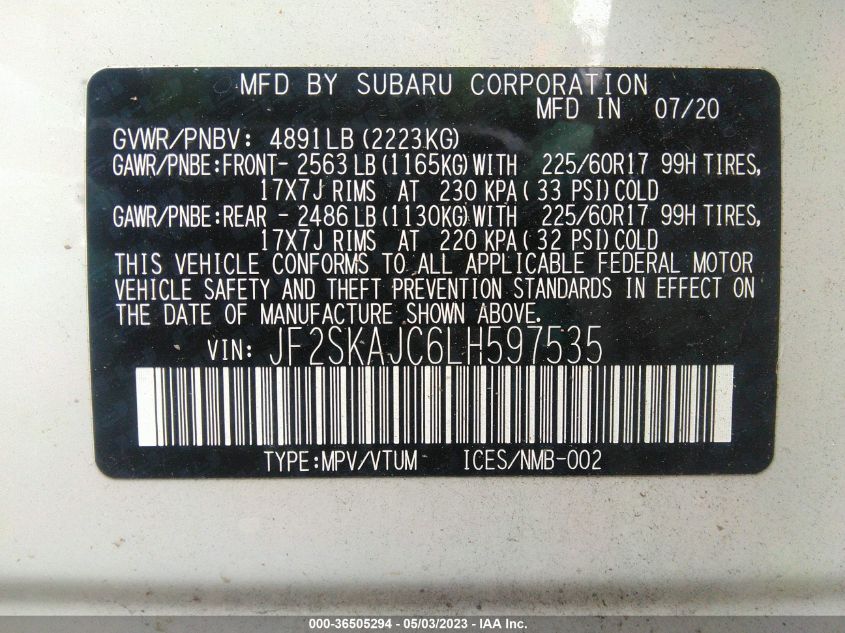 2020 SUBARU FORESTER PREMIUM - JF2SKAJC6LH597535