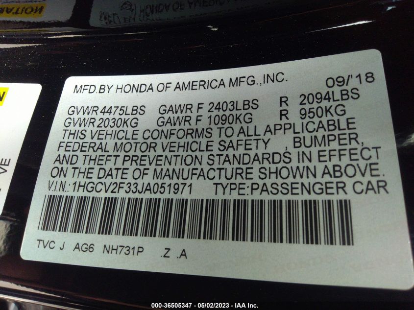 2018 HONDA ACCORD SEDAN SPORT 2.0T - 1HGCV2F33JA051971