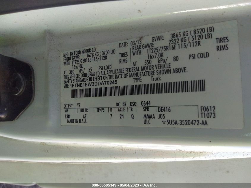 2013 FORD ECONOLINE CARGO VAN COMMERCIAL/RECREATIONAL 1FTNE1EW3DDA70245