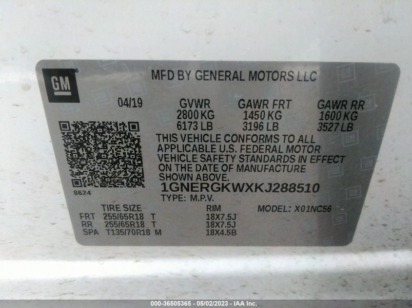 2019 CHEVROLET TRAVERSE LT CLOTH - 1GNERGKWXKJ288510