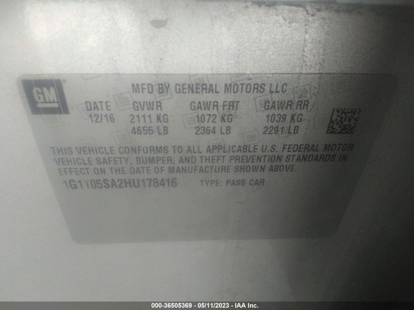 2017 CHEVROLET IMPALA LT - 1G1105SA2HU178416