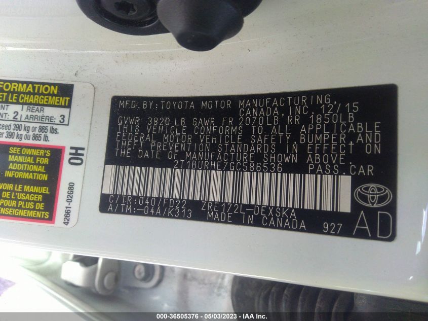 2016 TOYOTA COROLLA L/LE/S/S PLUS/LE PLUS - 2T1BURHE7GC586536