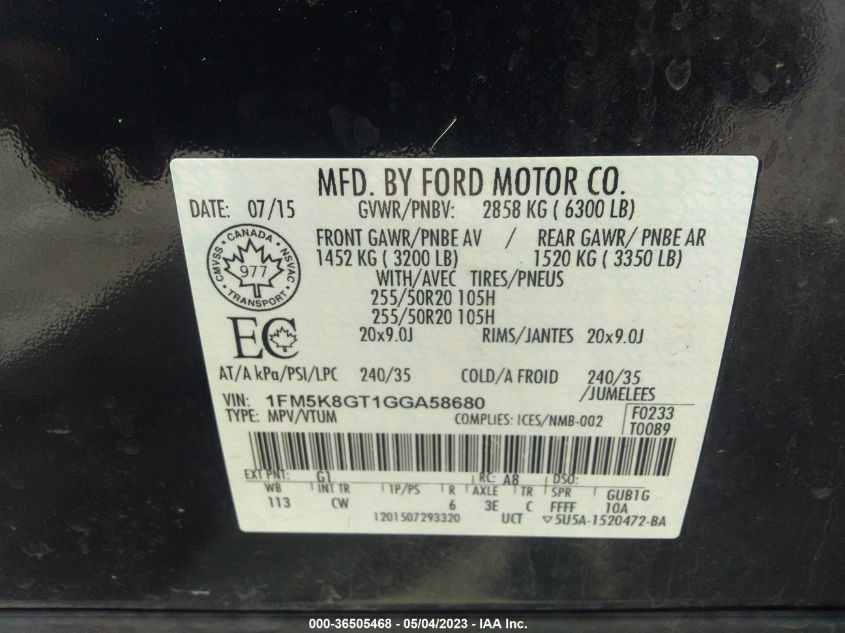 2016 FORD EXPLORER SPORT - 1FM5K8GT1GGA58680