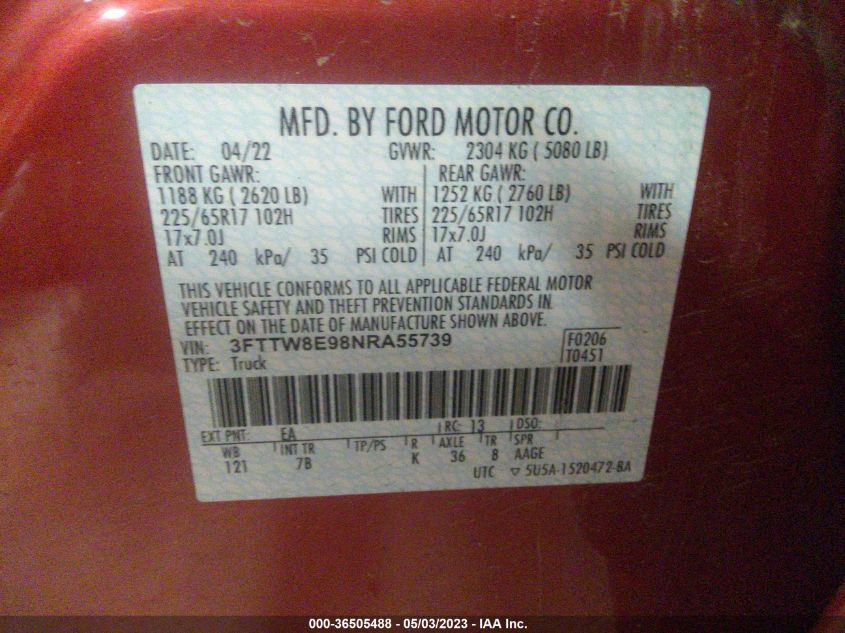 2022 FORD MAVERICK XLT 3FTTW8E98NRA55739