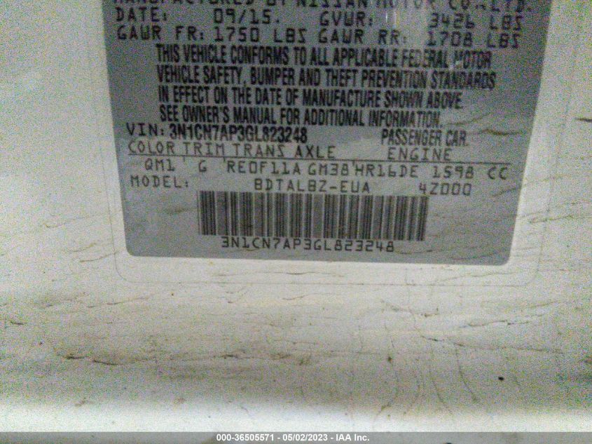 2016 NISSAN VERSA S/S PLUS/SL/SV - 3N1CN7AP3GL823248