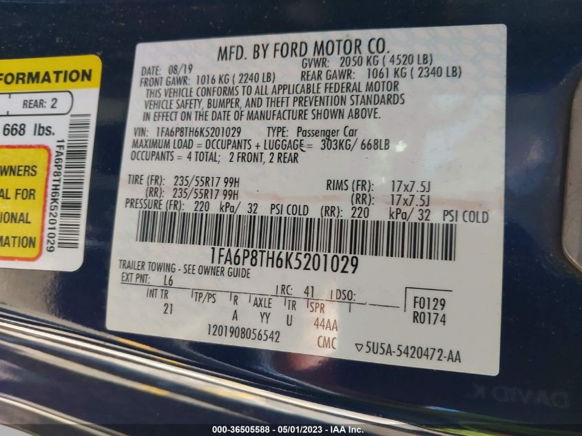 2019 FORD MUSTANG ECOBOOST - 1FA6P8TH6K5201029