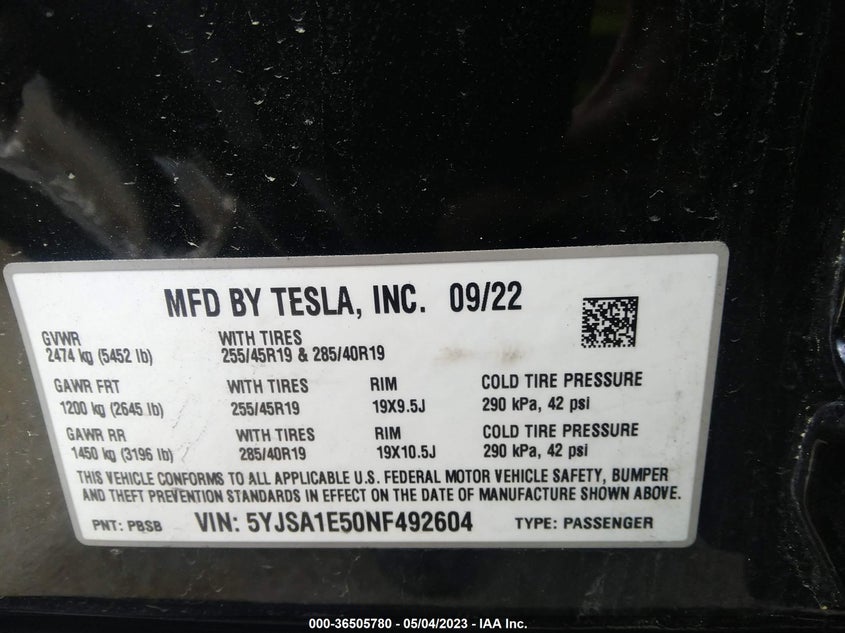 VIN 5YJSA1E50NF492604 2022 TESLA MODEL S