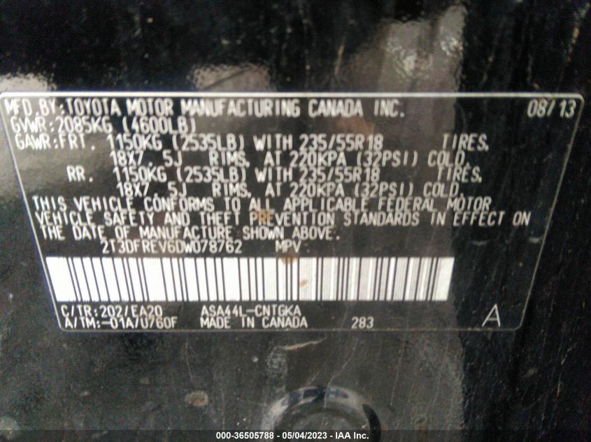 2013 TOYOTA RAV4 LIMITED - 2T3DFREV6DW078762