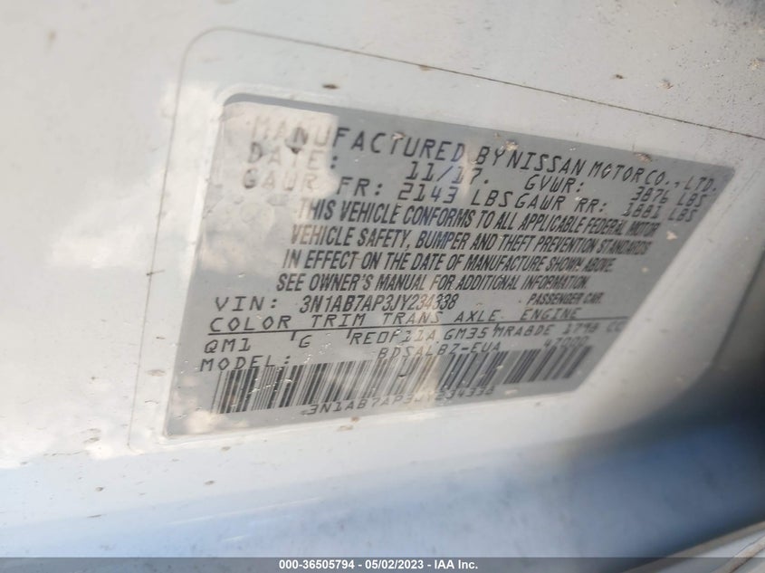 VIN 3N1AB7AP3JY234338 2018 NISSAN SENTRA S