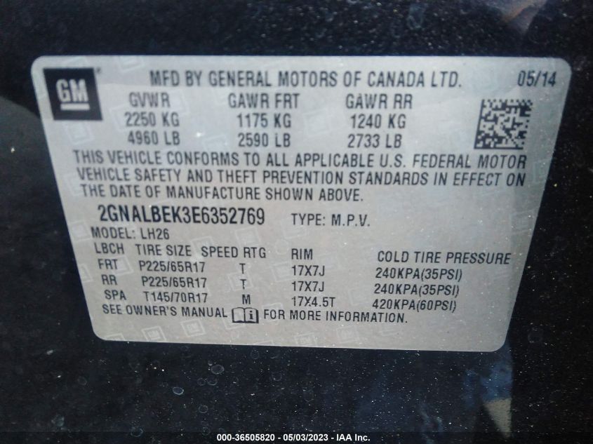 2014 CHEVROLET EQUINOX LT - 2GNALBEK3E6352769