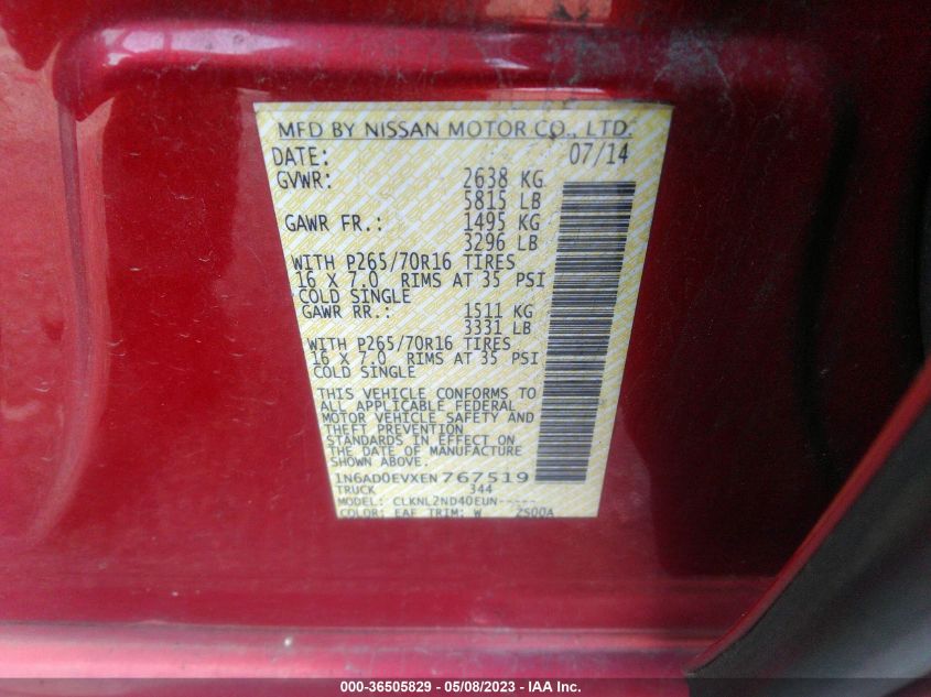 2014 NISSAN FRONTIER SV - 1N6AD0EVXEN767519