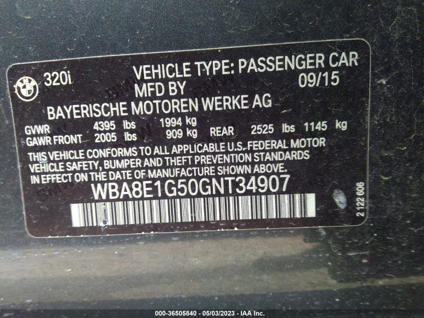 2016 BMW 3 SERIES 320I - WBA8E1G50GNT34907