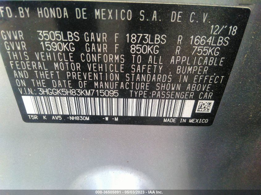 2019 HONDA FIT EX - 3HGGK5H83KM715095